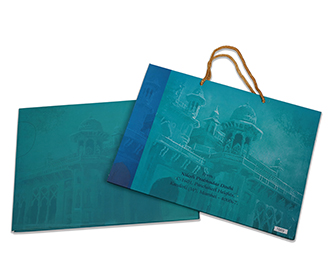 Turquoise blue colour wedding card with royal wedding procession