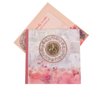 Beautiful pink roses wedding invitation card with Ganesha