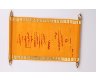 Exquisite scroll invitation in orange tissue material