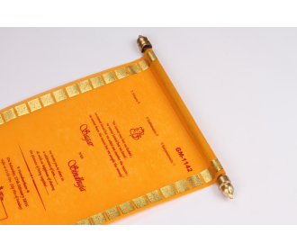 Exquisite scroll invitation in orange tissue material