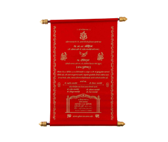 Designer Scroll Card in Red Satin with Floral Designs