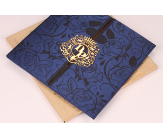 Wedding Invitation in Blue Satin with Floral Motifs.