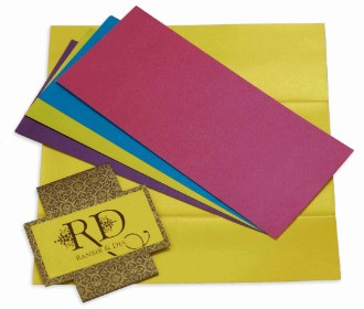 Yellow and brown invitation with multicolored inserts