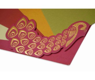 Beautiful golden pink invite with peacock style and multicolored inserts