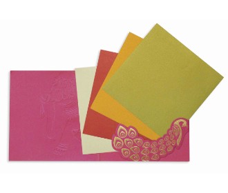Beautiful golden pink invite with peacock style and multicolored inserts