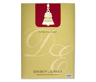 Wedding card in golden & red with a pull out insert & temple bell design