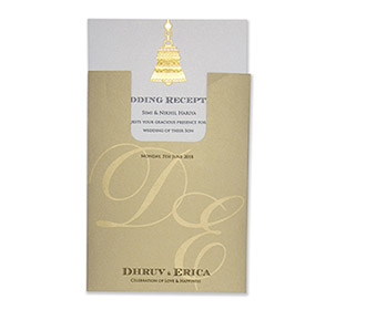 Wedding card in light brown with a pull out insert & temple bell design