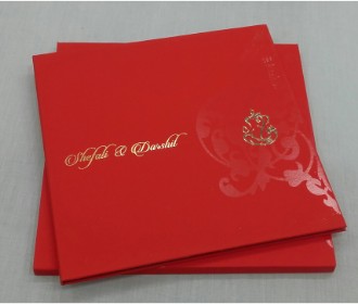 Indian wedding card in red with traditional marriage ceremony images