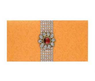 Indian Wedding Envelope in Sunshine Orange Red Brooch Design