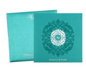 Wedding Invitation Card in Royal Aquamarine and Silver Colour