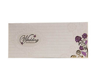 Wedding invitation in Ivory with flowers in Purple and Golden