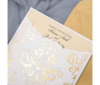 Wedding invitation with golden foil stamped insert holder pocket
