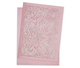 Wedding invitation with laser cut flowers in pink colour