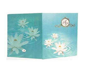 Wedding Invite in Brown and Sky Blue with Lotus Design