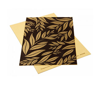 Wedding Invite in Brown with Leaf Design on Brown Satin Flap