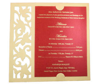 Wedding invite in fawn and red with a floral cutout design