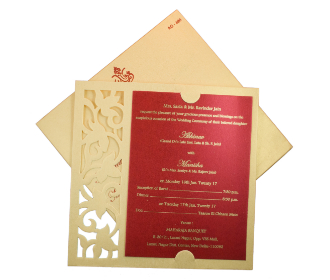 Wedding invite in fawn and red with a floral cutout design