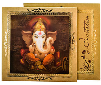 Wedding Invite in Golden with 3D Ganesha Image