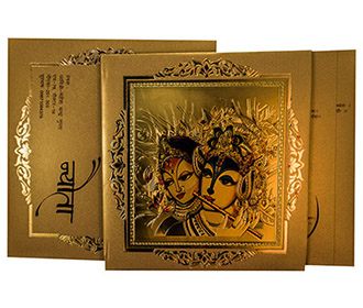 Wedding Invite in Golden with Modern avatar of Radha Krishna