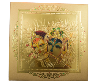 Wedding Invite in Golden with Modern avatar of Radha Krishna