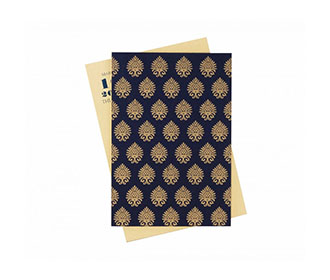 Wedding Invite in Golden with Motifs on Royal Blue Satin Flap