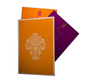 Wedding Invite in Orange with Floral patterns & multicolor inser