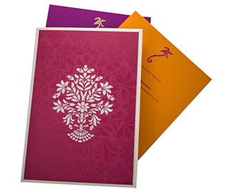 Wedding Invite in Purple with Floral patterns & multicolor inser