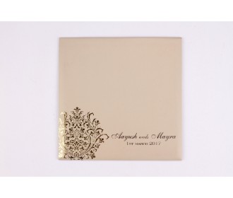 Wedding invite in tan colour with bright golden motif design