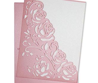 Wedding invite with a laser cut pocket in pastel pink roses