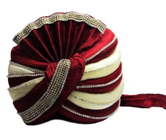 Grooms Turban in Maroon and Offwhite Silk Decorated with Stones
