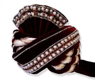 Grooms Turban in Maroon decorated with white and red stones