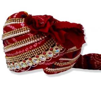 Grooms Turban in Red Bandhej decorated with Stones