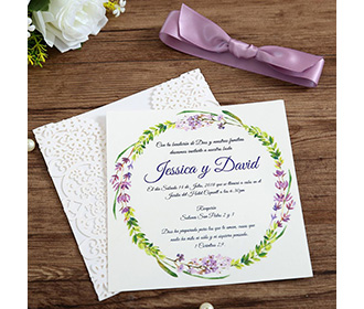 White gatefold laser cut engagement and weddding invitation card with pink ribbon