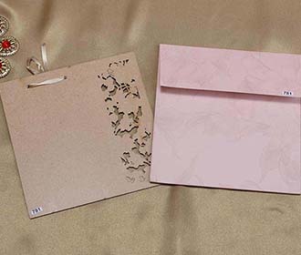 Wooden Floral Indian Wedding Invitation in Light Pink Colour