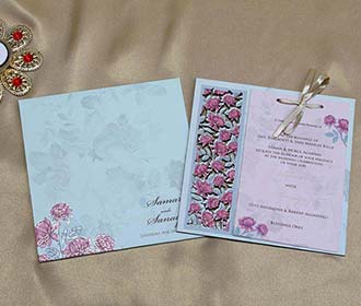 Wooden Floral Indian Wedding Invitation in Pink and Blue
